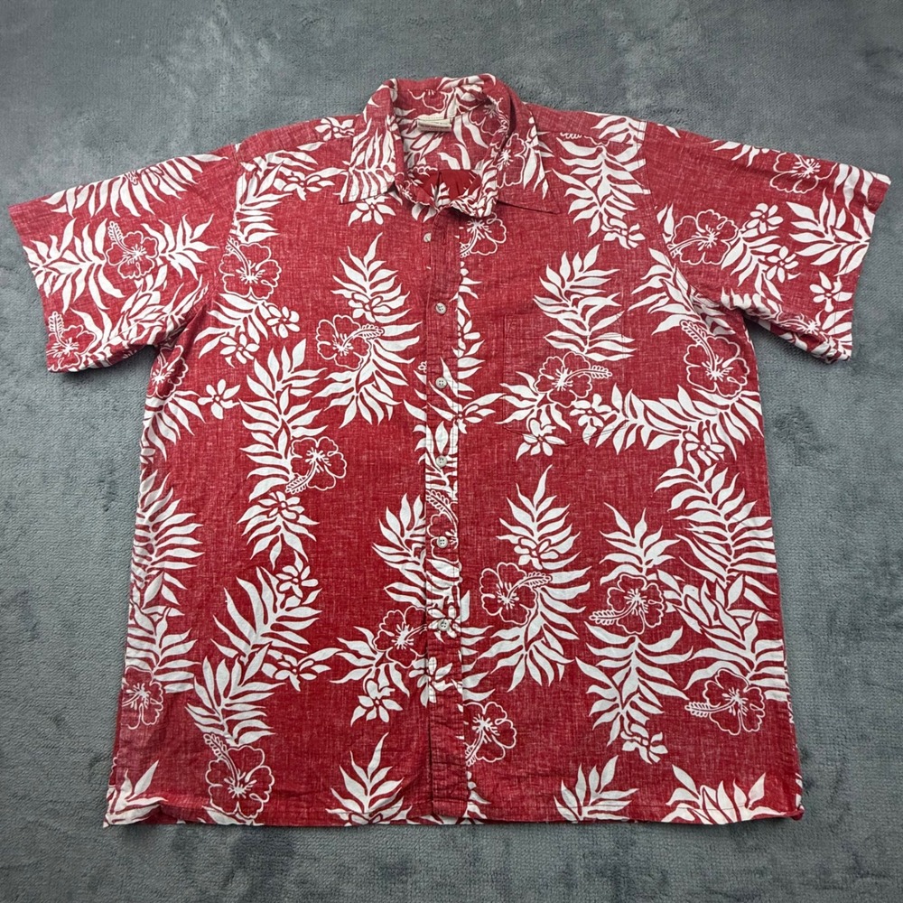 Go Barefoot Mens 2XL Hawaiian Shirt Red White Hibiscus Floral Cotton USA Made